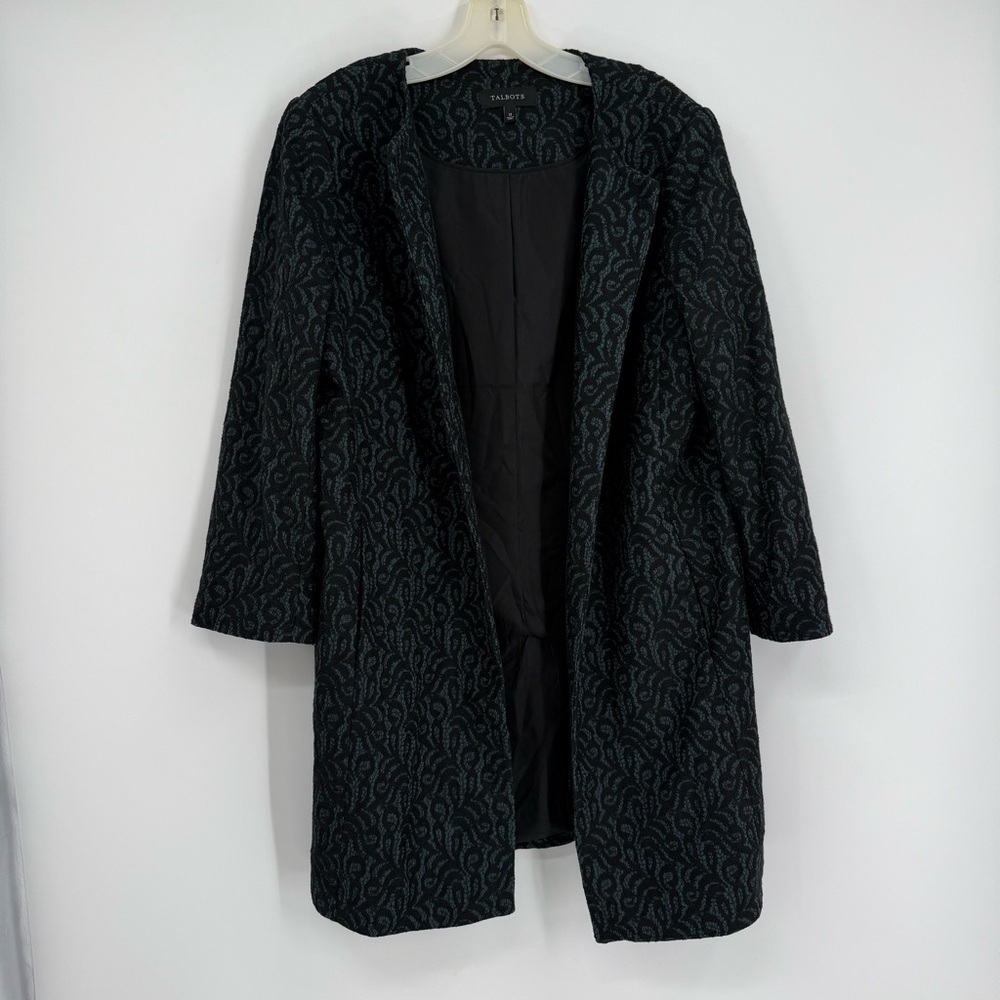 TALBOTS Blazer Size 12 Jacket Open Front Lace Brocade Blue Black Longline